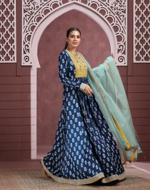 Indigo Charm Block Printed Modal Satin Anarkali Set