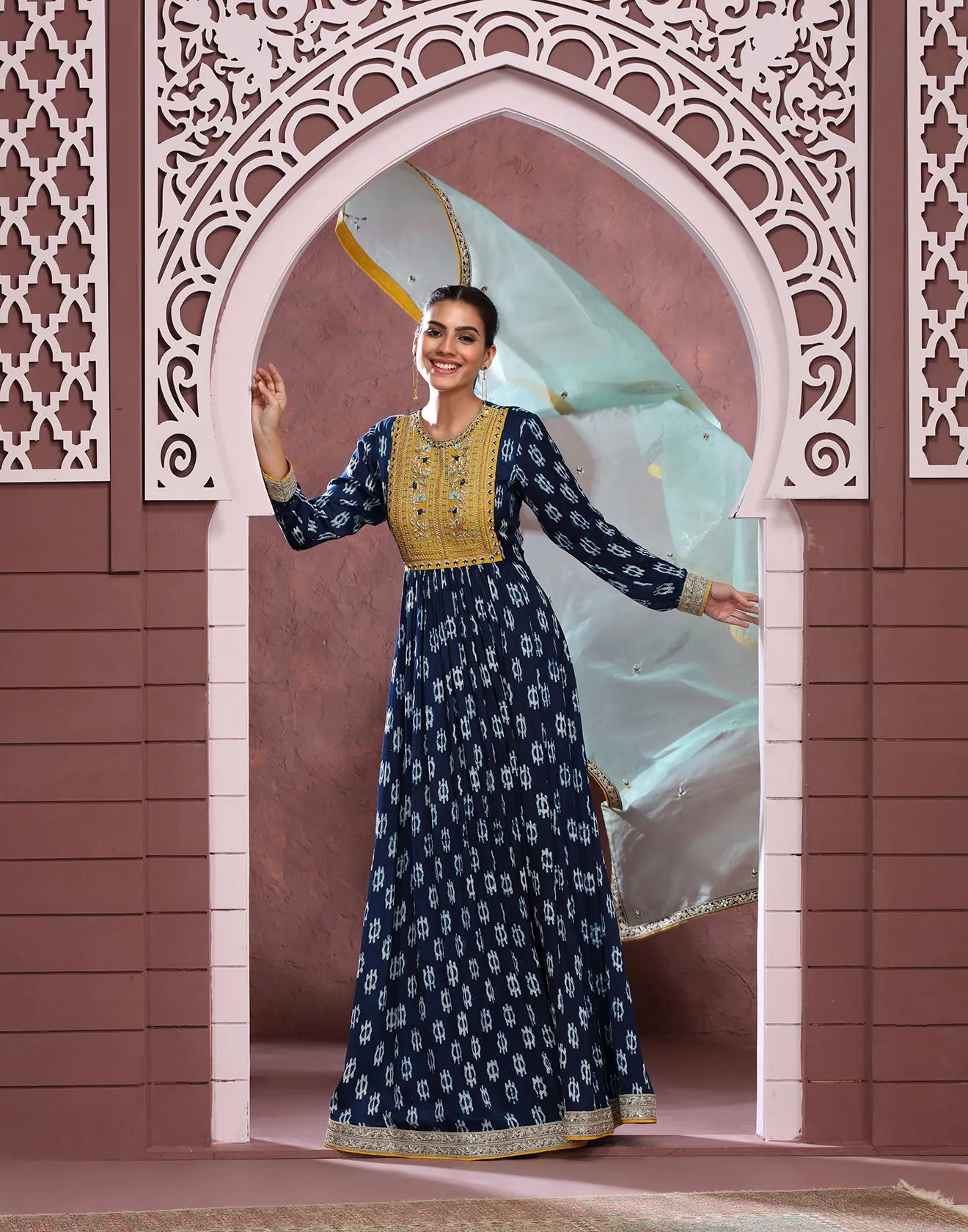 Indigo Charm Block Printed Modal Satin Anarkali Set