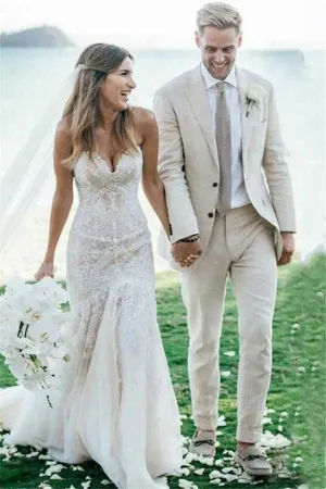 Ivory Summer Beach Linen Wedding Tuxedo for Men Slim fit Men Suits with Three-pieces