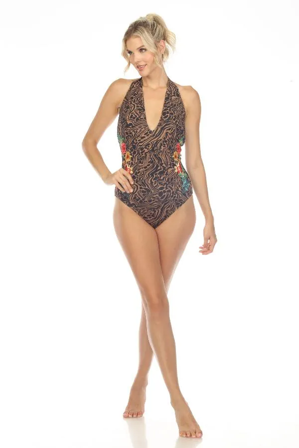 Johnny Was Millo Halter Embroidered One Piece Swimsuit Boho Chic CSW7122-D
