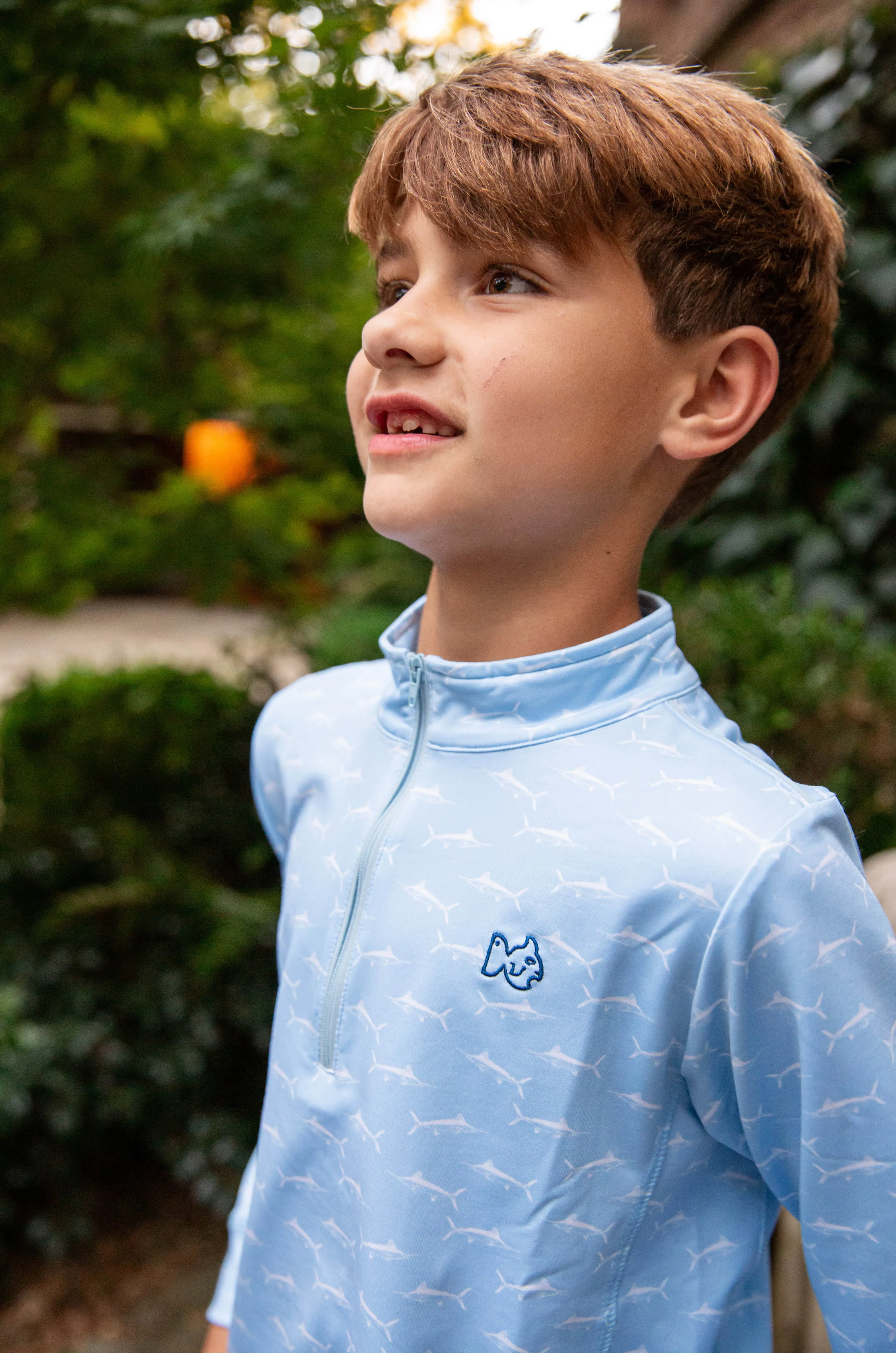 Kids Pro Performance Quarter Zip Pullover in Marlin Print on Clear Sky Blue