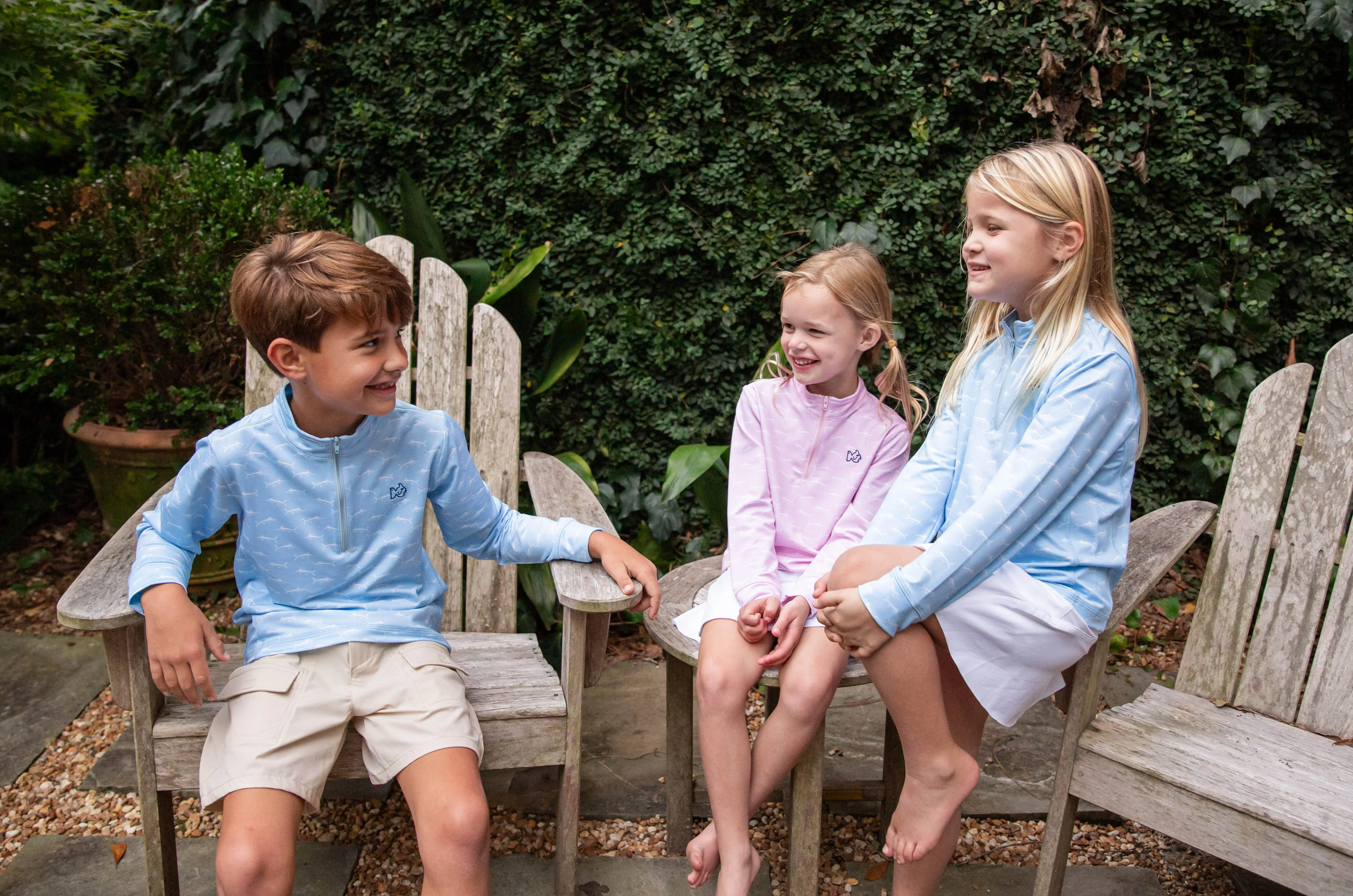 Kids Pro Performance Quarter Zip Pullover in Marlin Print on Clear Sky Blue