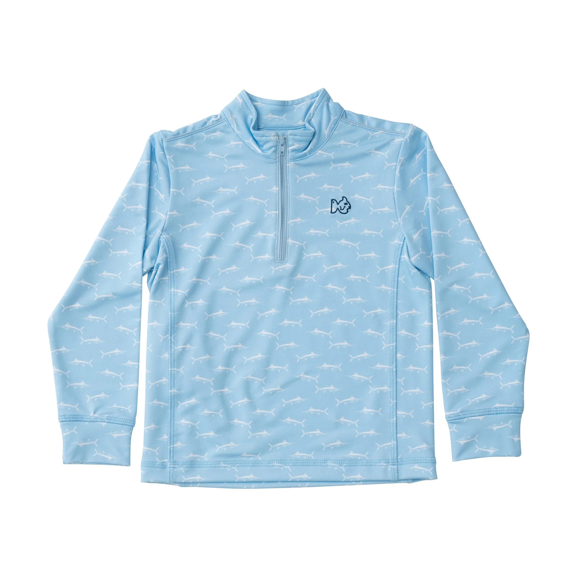 Kids Pro Performance Quarter Zip Pullover in Marlin Print on Clear Sky Blue