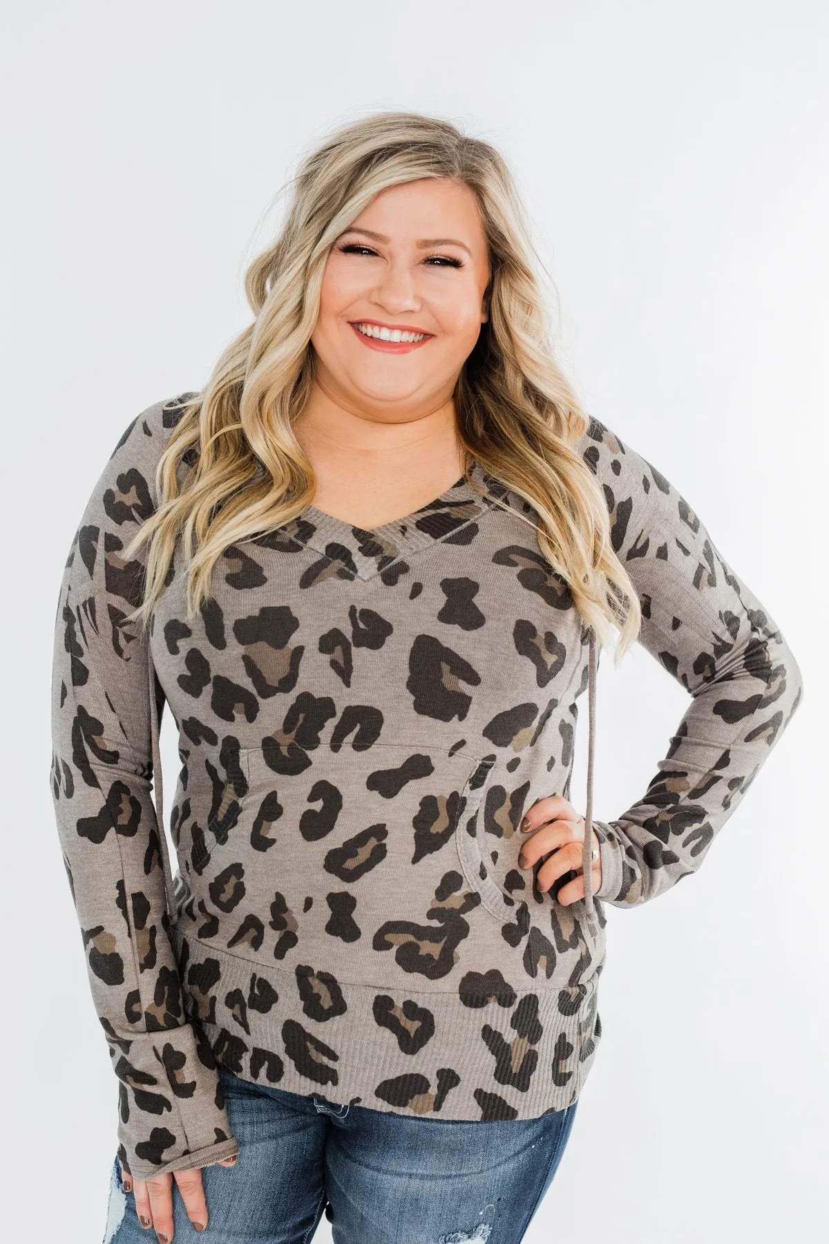 Leopard Knit V-Neck Hoodie- Stone