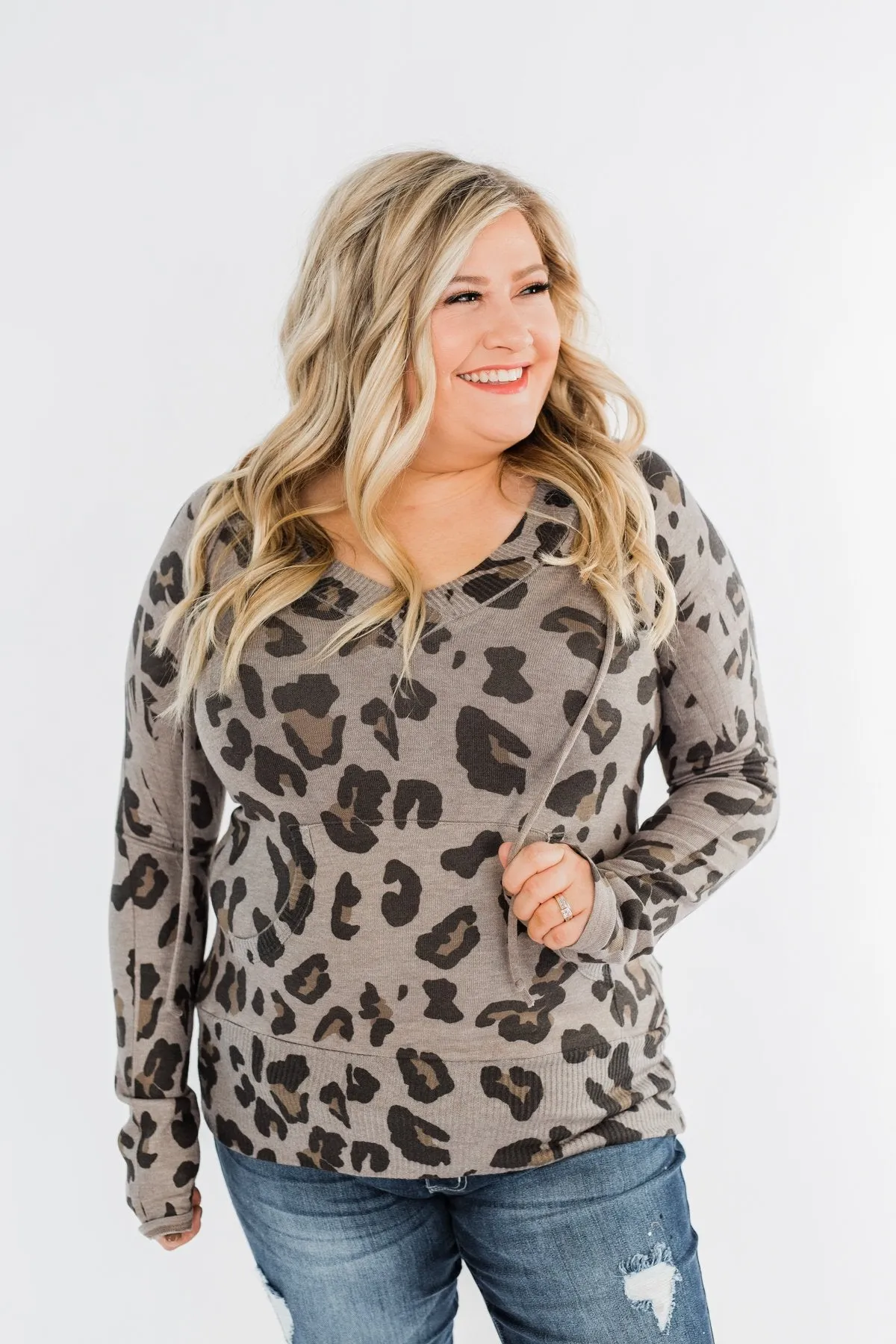 Leopard Knit V-Neck Hoodie- Stone