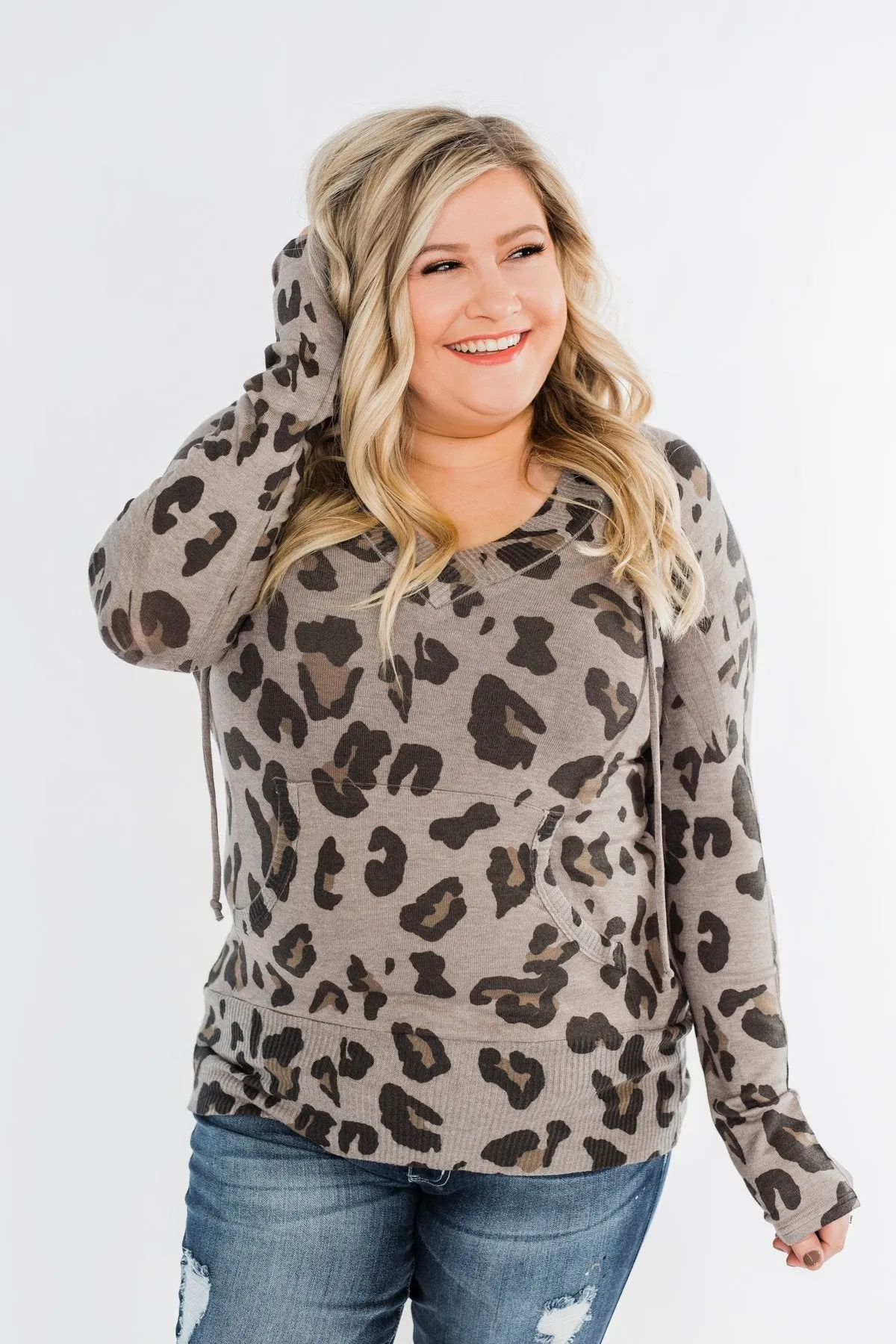 Leopard Knit V-Neck Hoodie- Stone