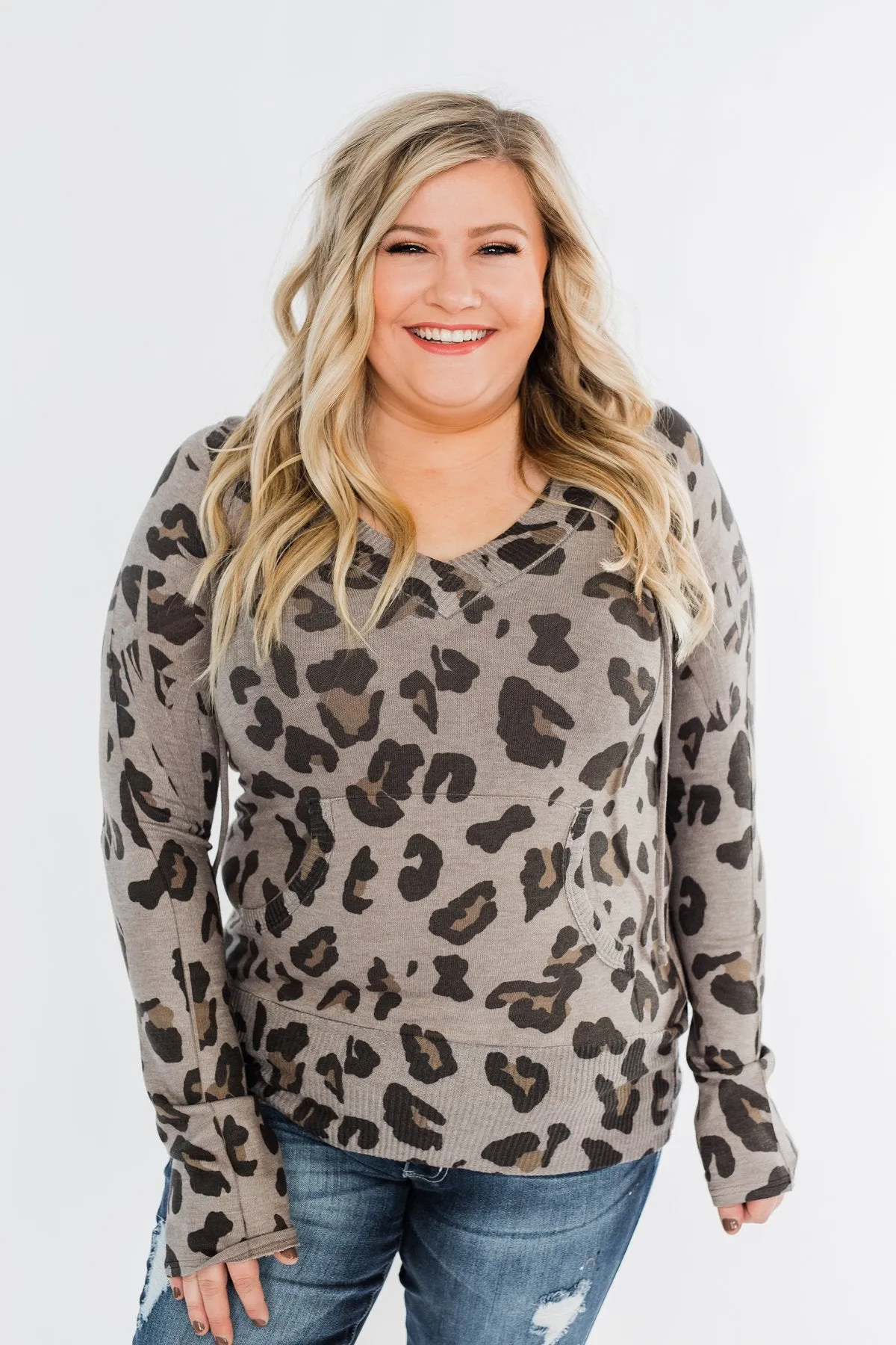 Leopard Knit V-Neck Hoodie- Stone