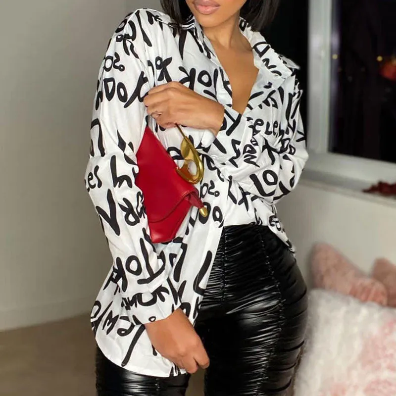 Letter Print Deep V-Neck Long Sleeve Blouse