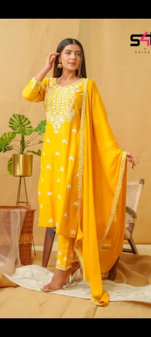 Lucknowi Embroidered in Yellow