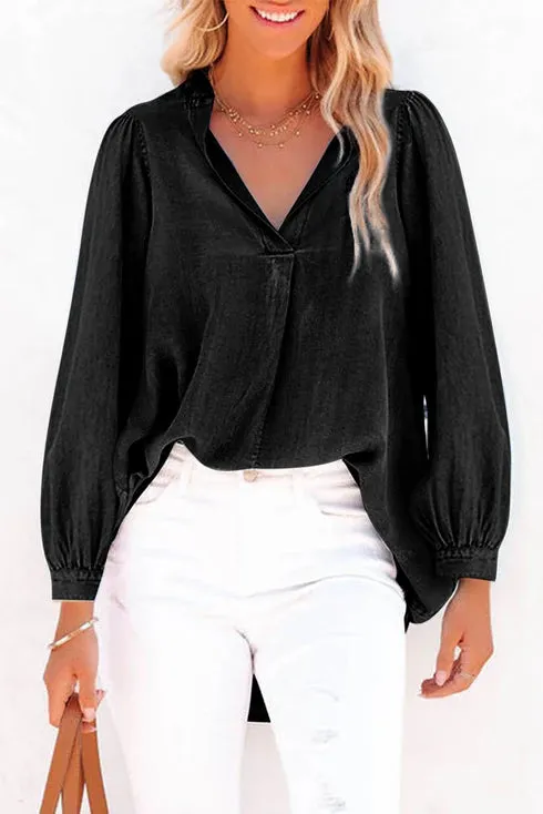 Mae Balloon Sleeve Slit V Neck Denim Top- Black