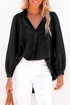 Mae Balloon Sleeve Slit V Neck Denim Top- Black