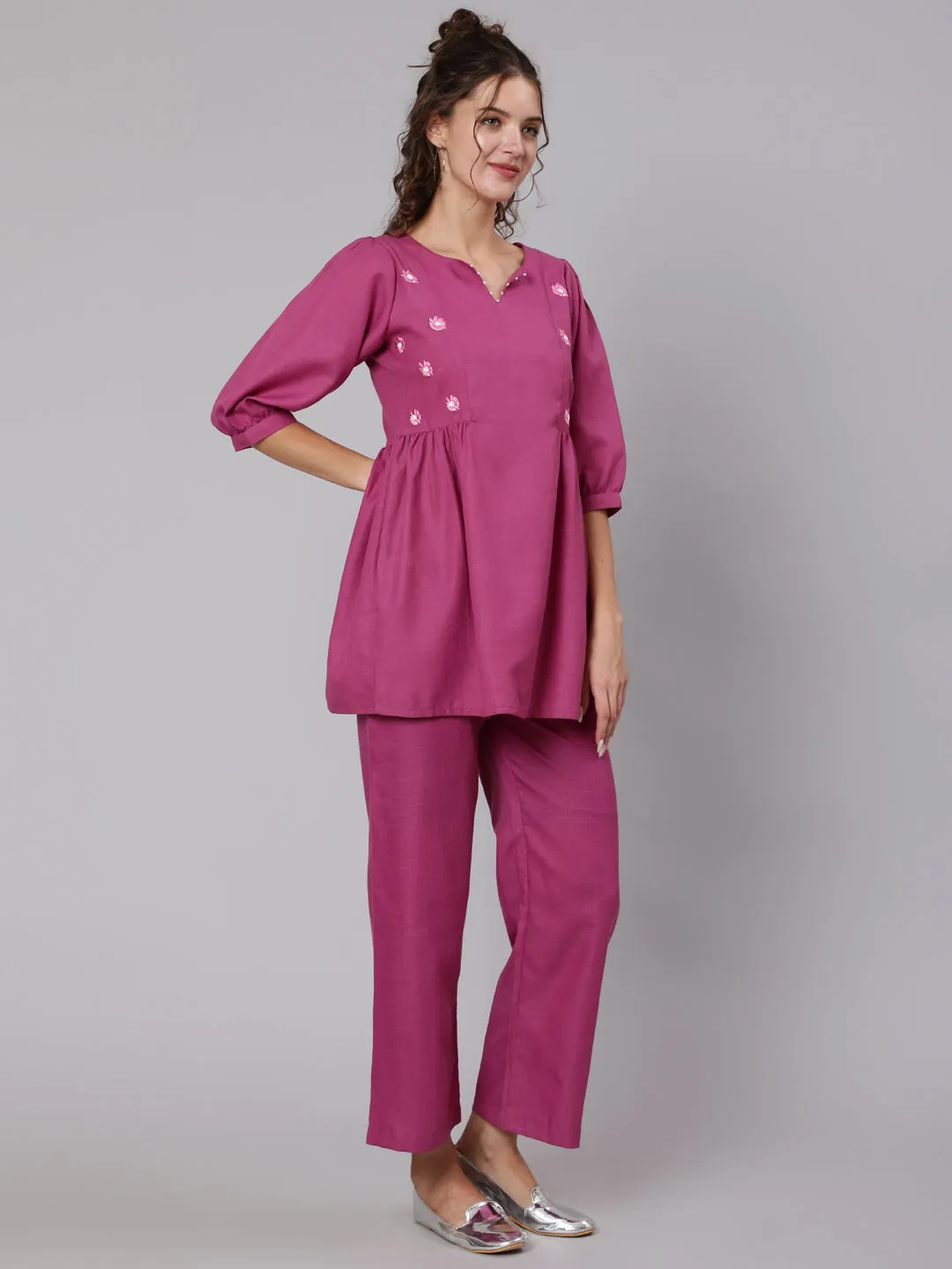Magenta Viscose Rayon Embroidered Co-Ord Set Has Top And Palazzo