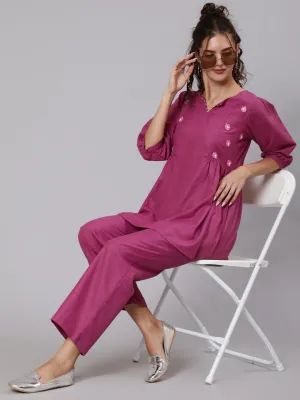 Magenta Viscose Rayon Embroidered Co-Ord Set Has Top And Palazzo