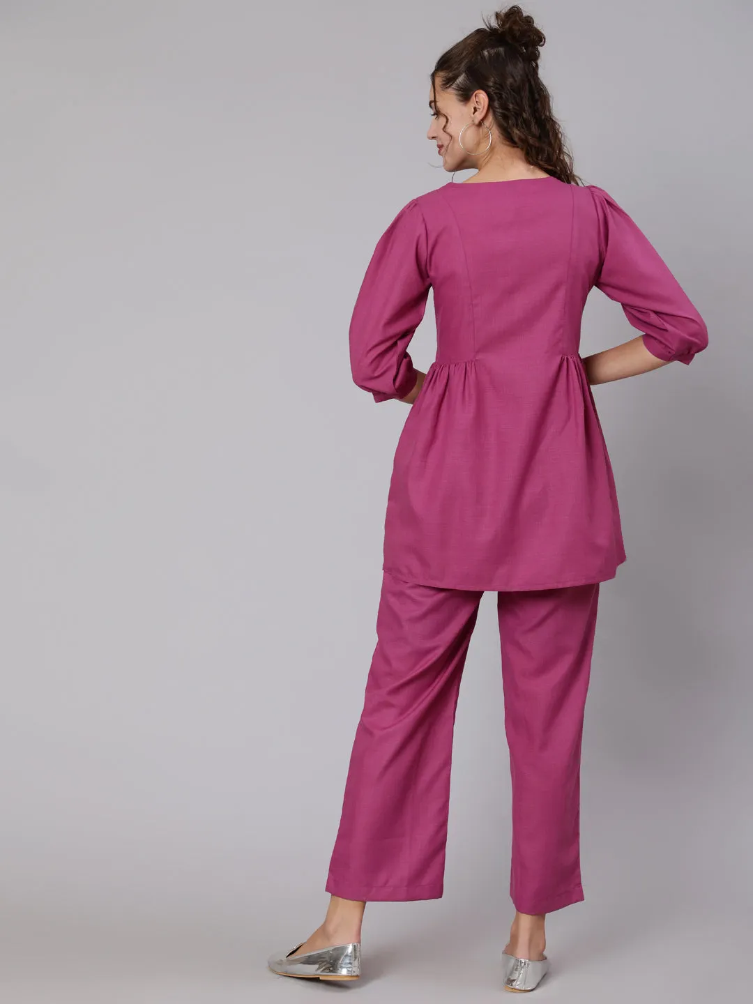 Magenta Viscose Rayon Embroidered Co-Ord Set Has Top And Palazzo