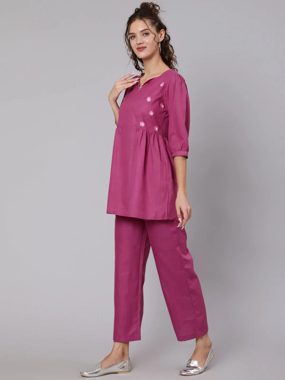 Magenta Viscose Rayon Embroidered Co-Ord Set Has Top And Palazzo