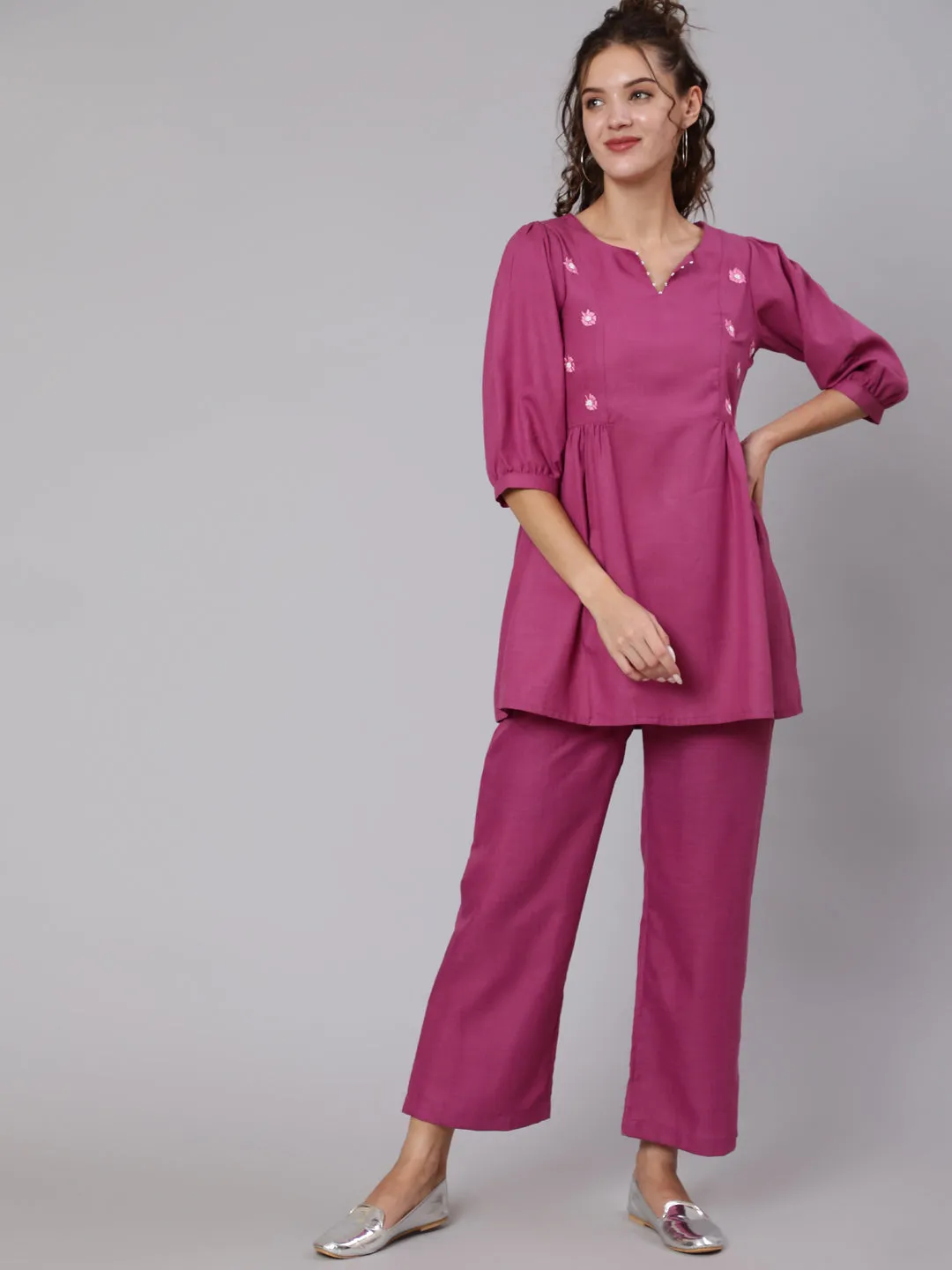 Magenta Viscose Rayon Embroidered Co-Ord Set Has Top And Palazzo