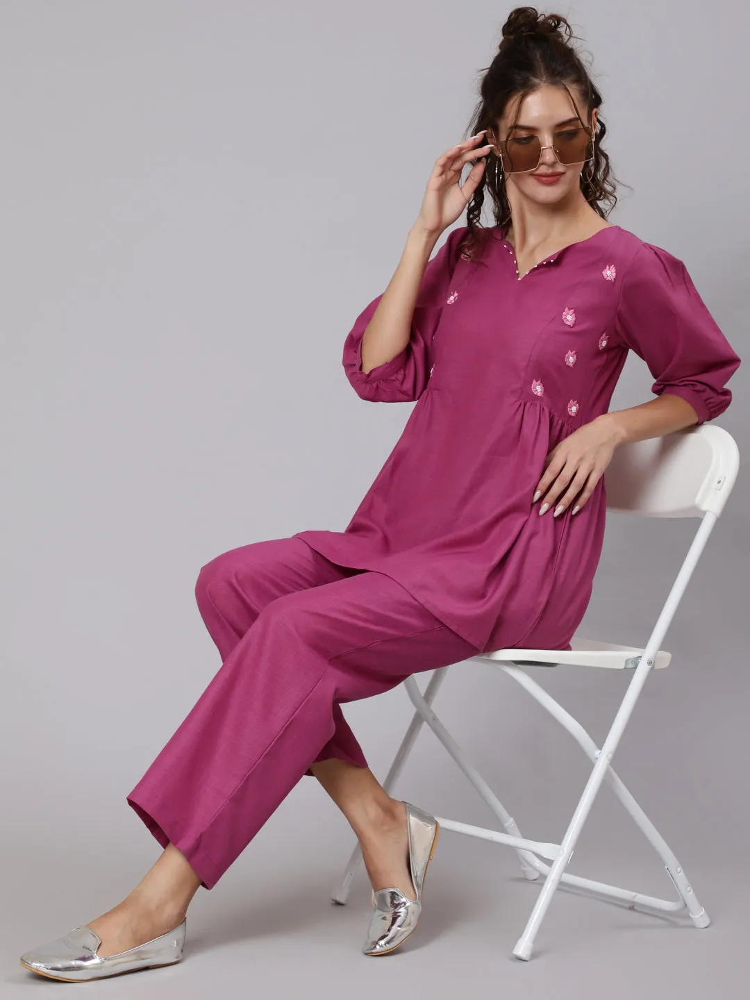 Magenta Viscose Rayon Embroidered Co-Ord Set Has Top And Palazzo