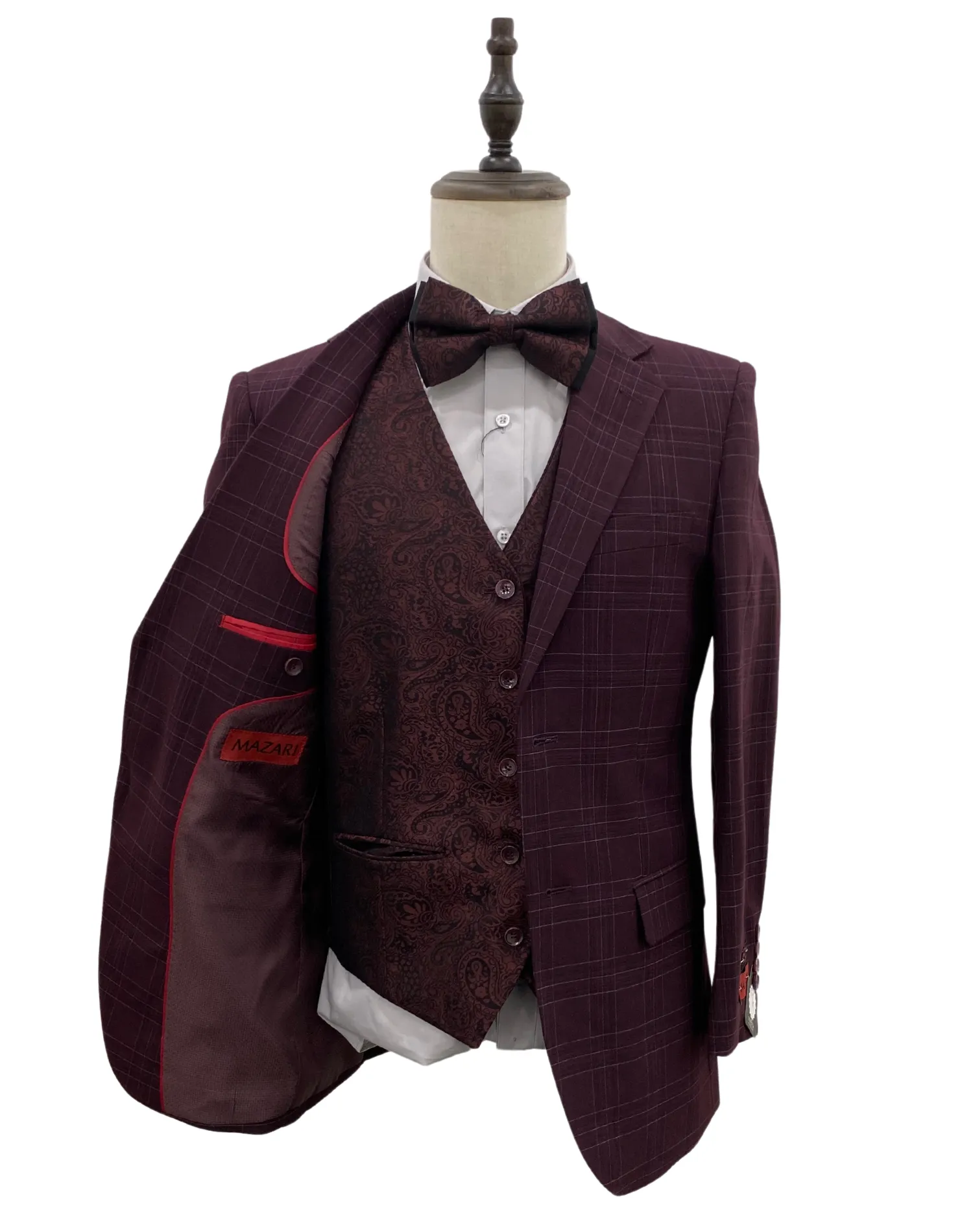 Mazari Paris Revo Modern Fit Suit With Reversible Vest - Burgundy 2302