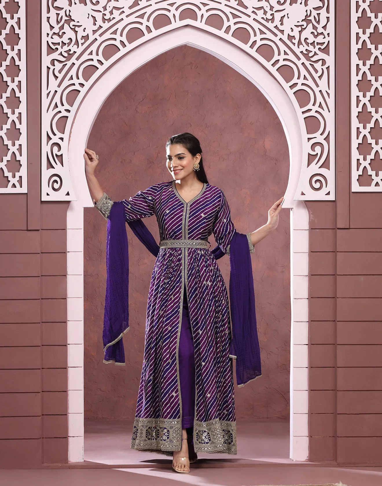 Midnight Purple Leheriya Printed Crepe Anarkali Suit