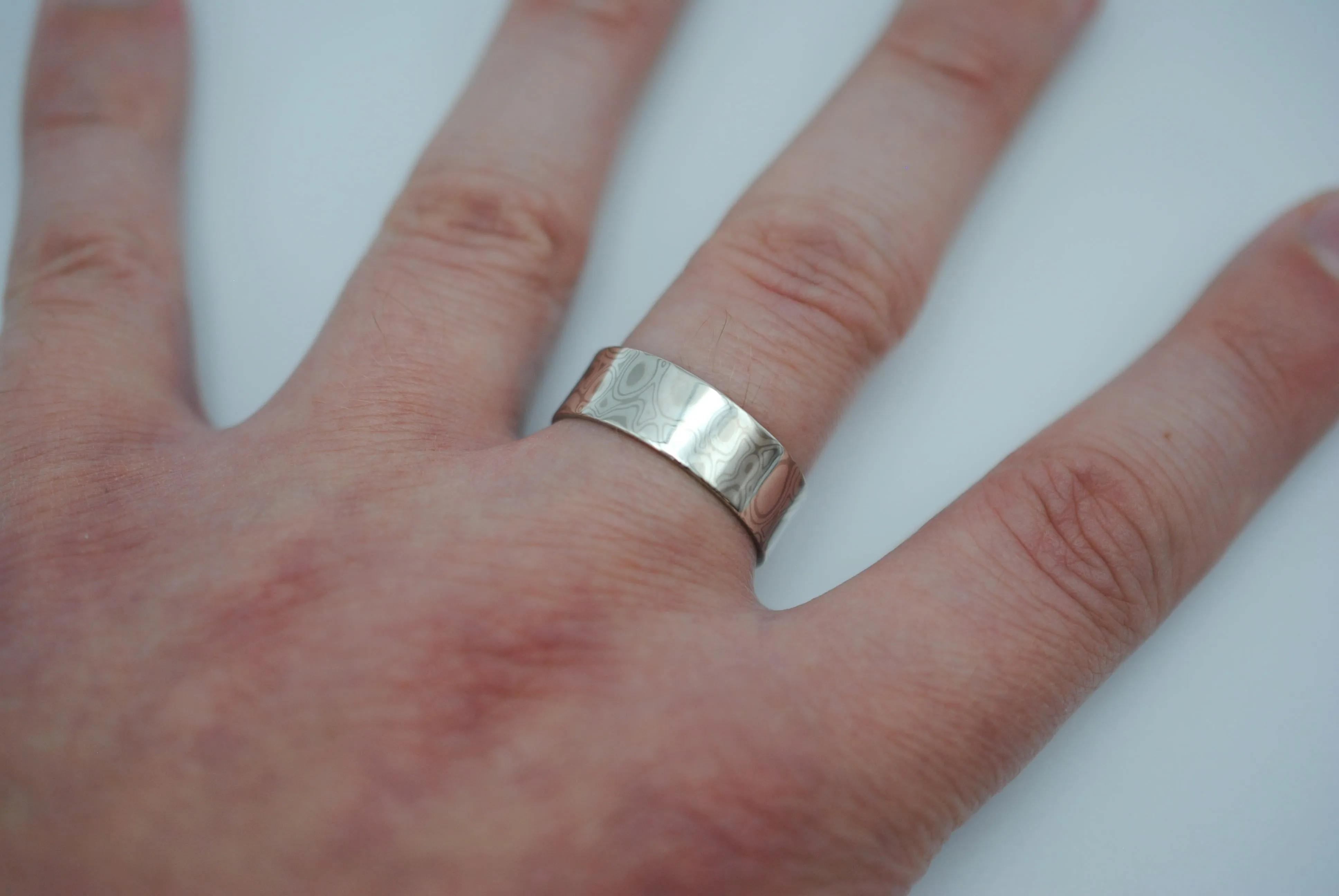 Mokume Gane Ring Band: Palladium White Gold and Sterling Silver, 7mm Width