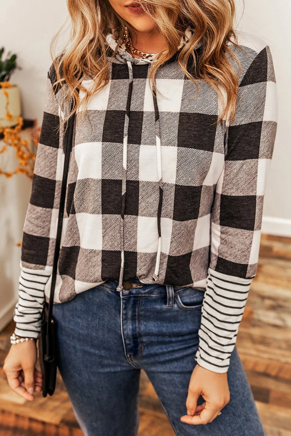 Multicolour Plaid Striped Patchwork Slim Fit Drawstring Hoodie