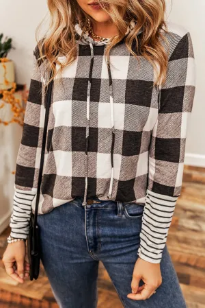 Multicolour Plaid Striped Patchwork Slim Fit Drawstring Hoodie
