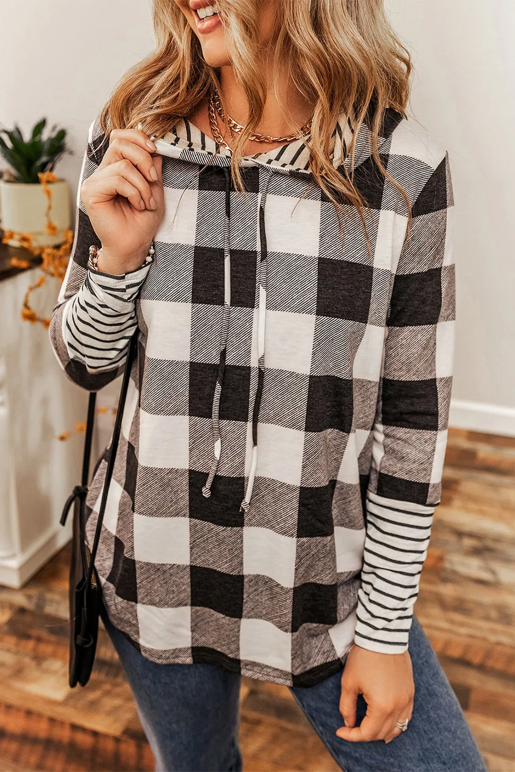 Multicolour Plaid Striped Patchwork Slim Fit Drawstring Hoodie