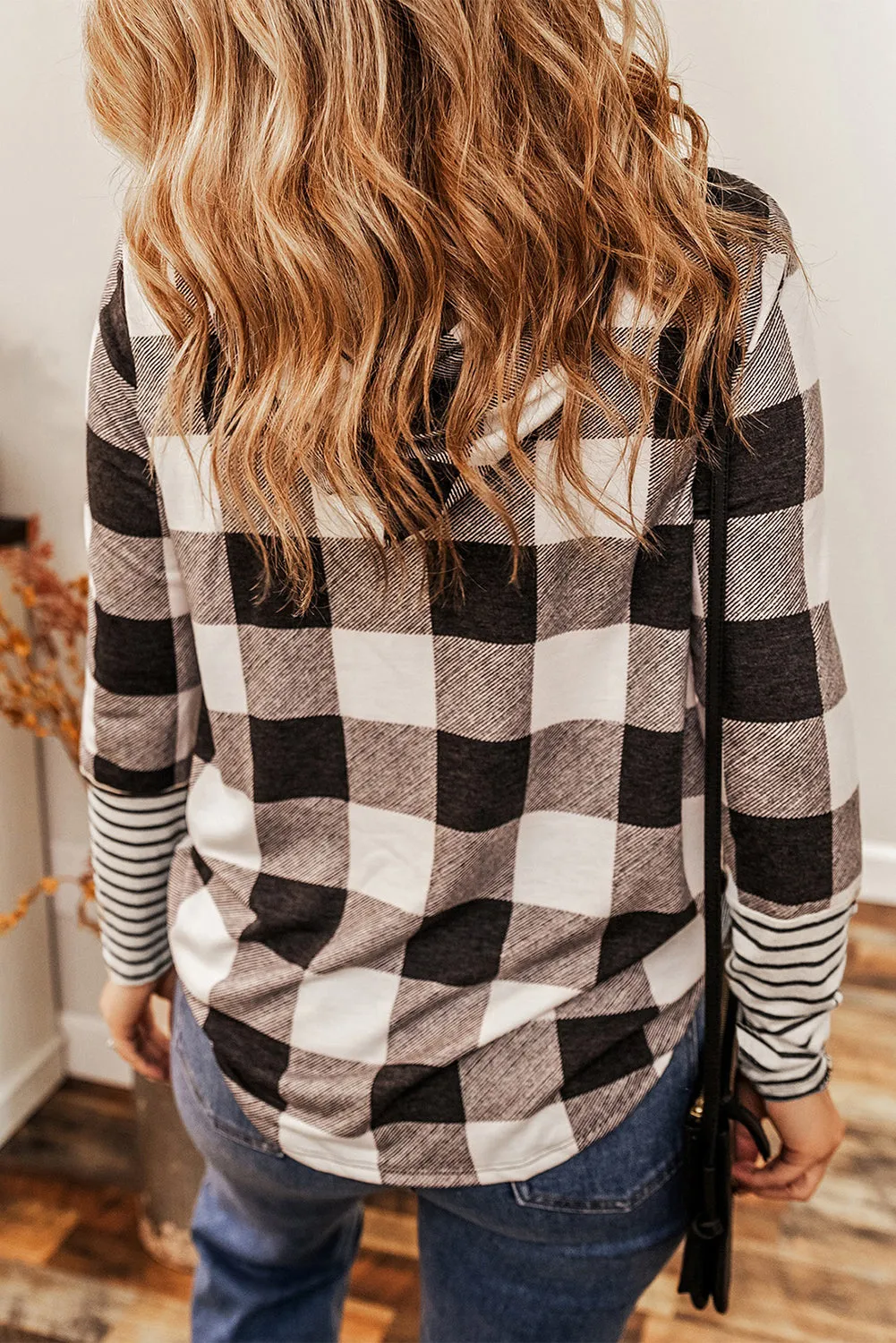 Multicolour Plaid Striped Patchwork Slim Fit Drawstring Hoodie