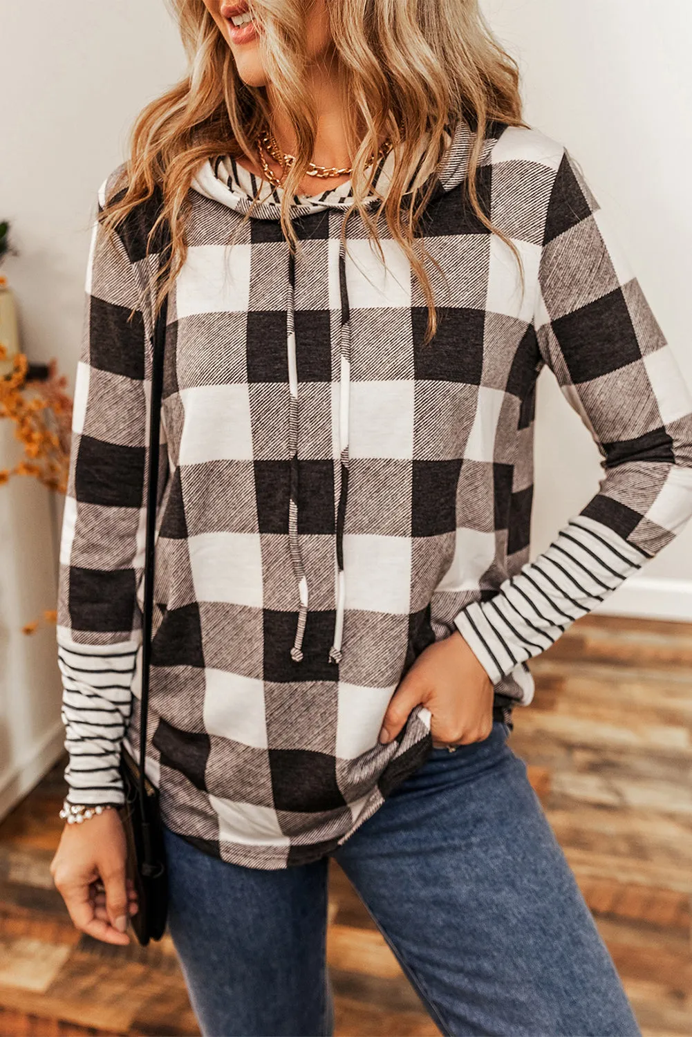 Multicolour Plaid Striped Patchwork Slim Fit Drawstring Hoodie