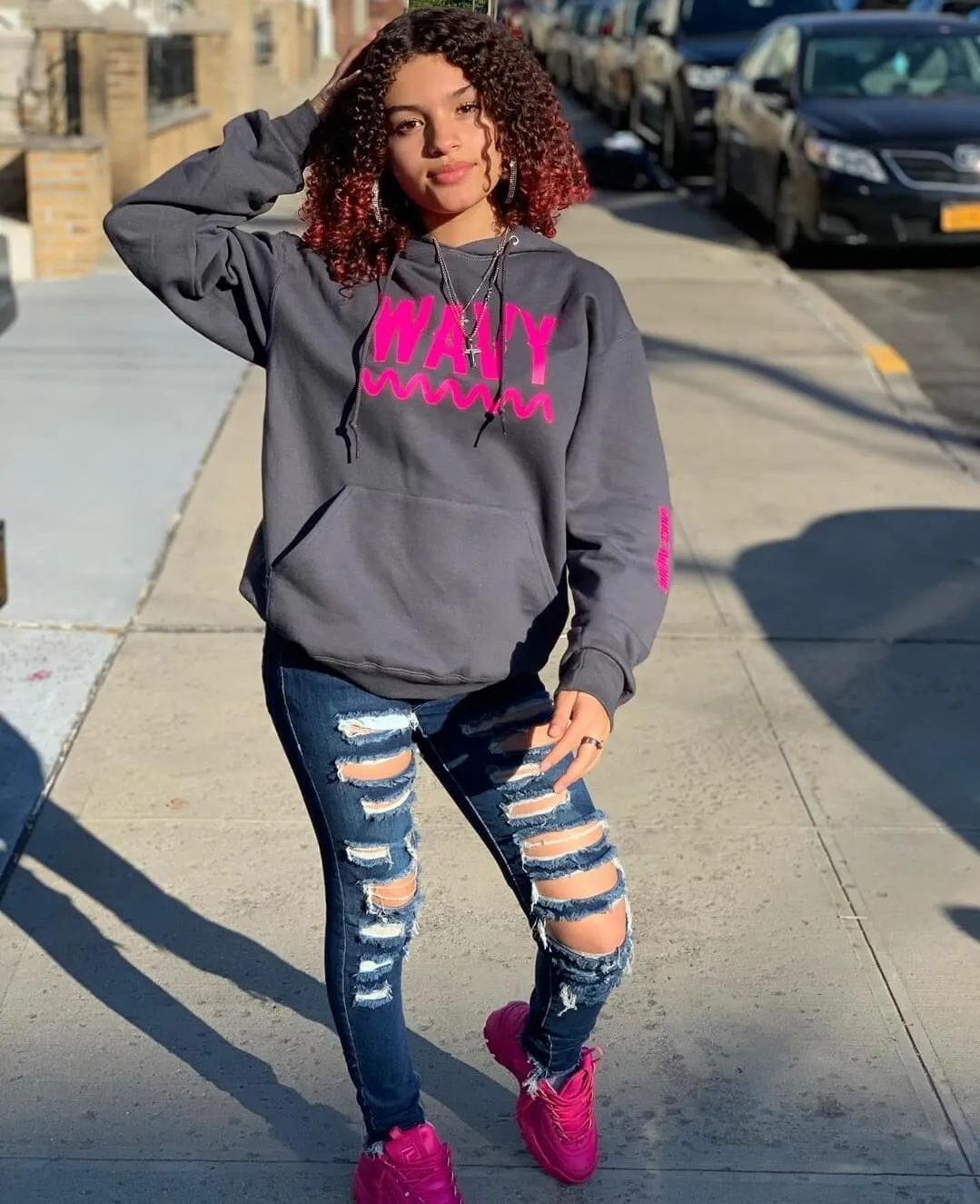 Neon Pink Wavy | Smoky Gray Hoodie