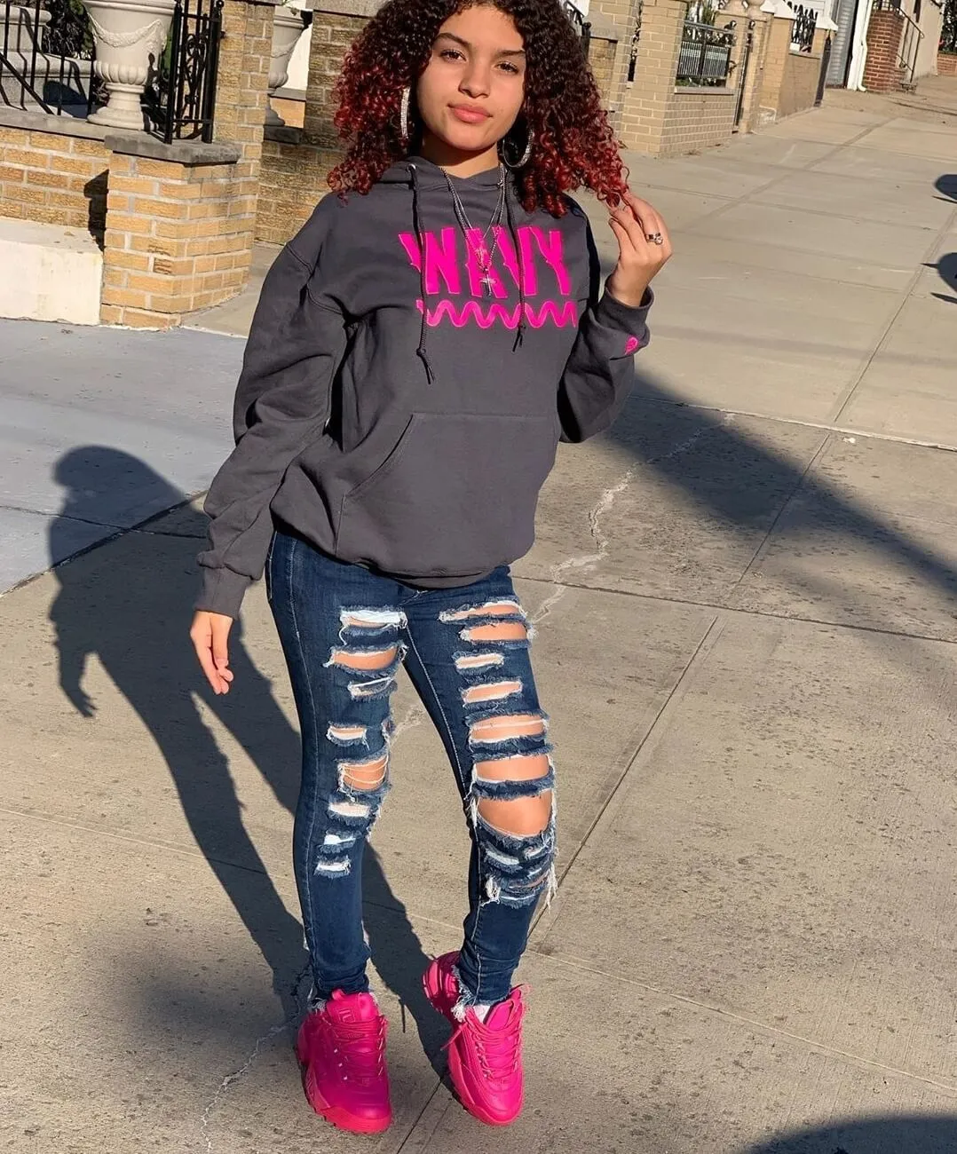 Neon Pink Wavy | Smoky Gray Hoodie