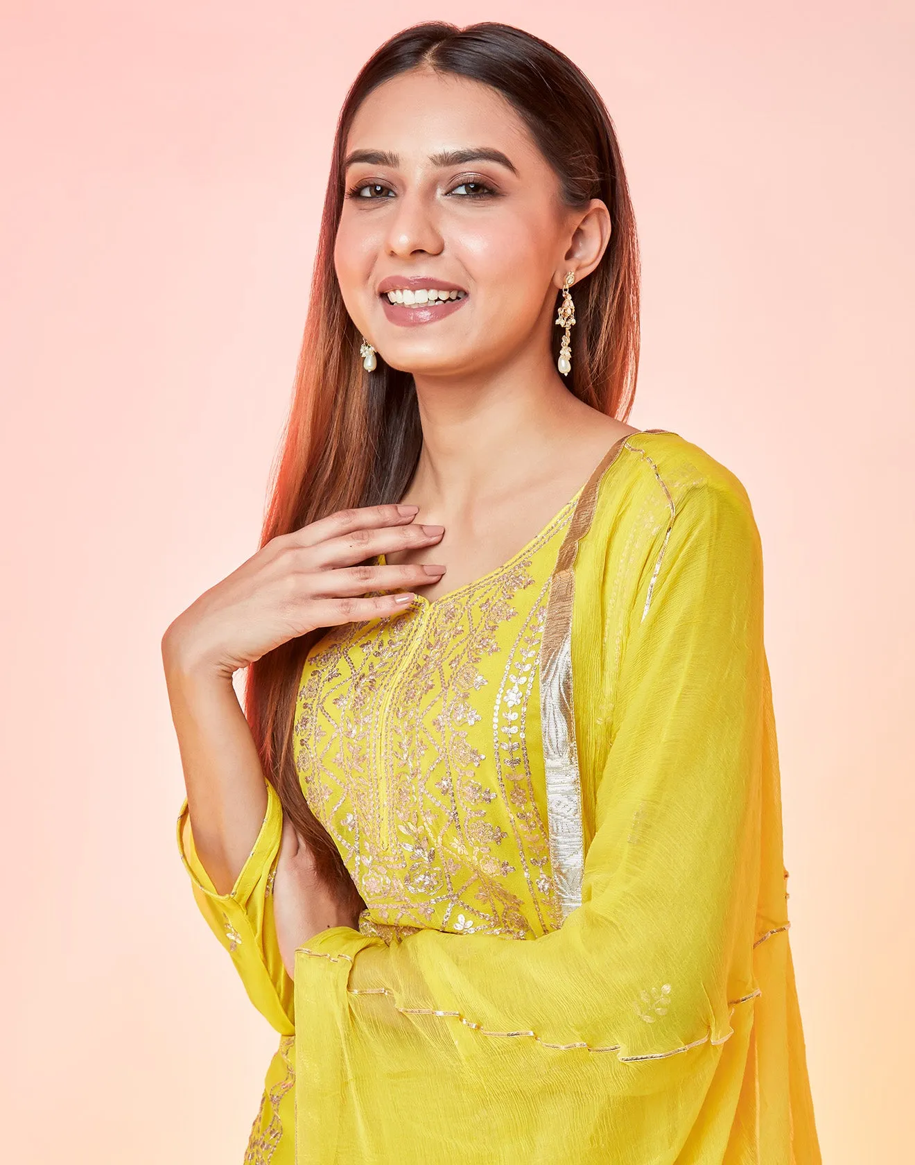 Neon Yellow Short Suit Gharara Set Embellished In Gota Work