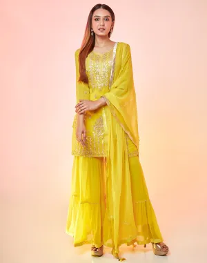 Neon Yellow Short Suit Gharara Set Embellished In Gota Work