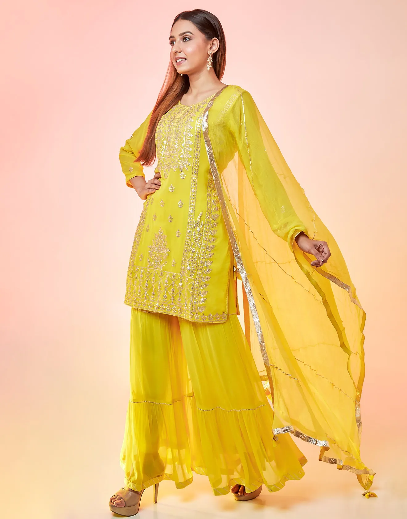 Neon Yellow Short Suit Gharara Set Embellished In Gota Work