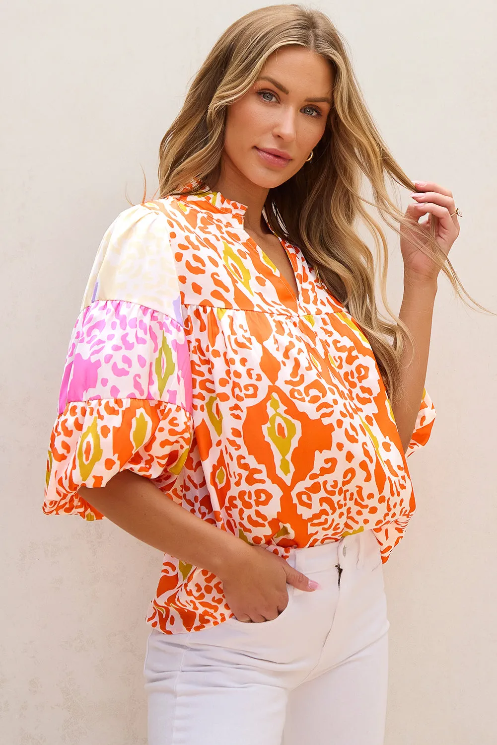 Orange Puff Sleeve Split Neck Blouse