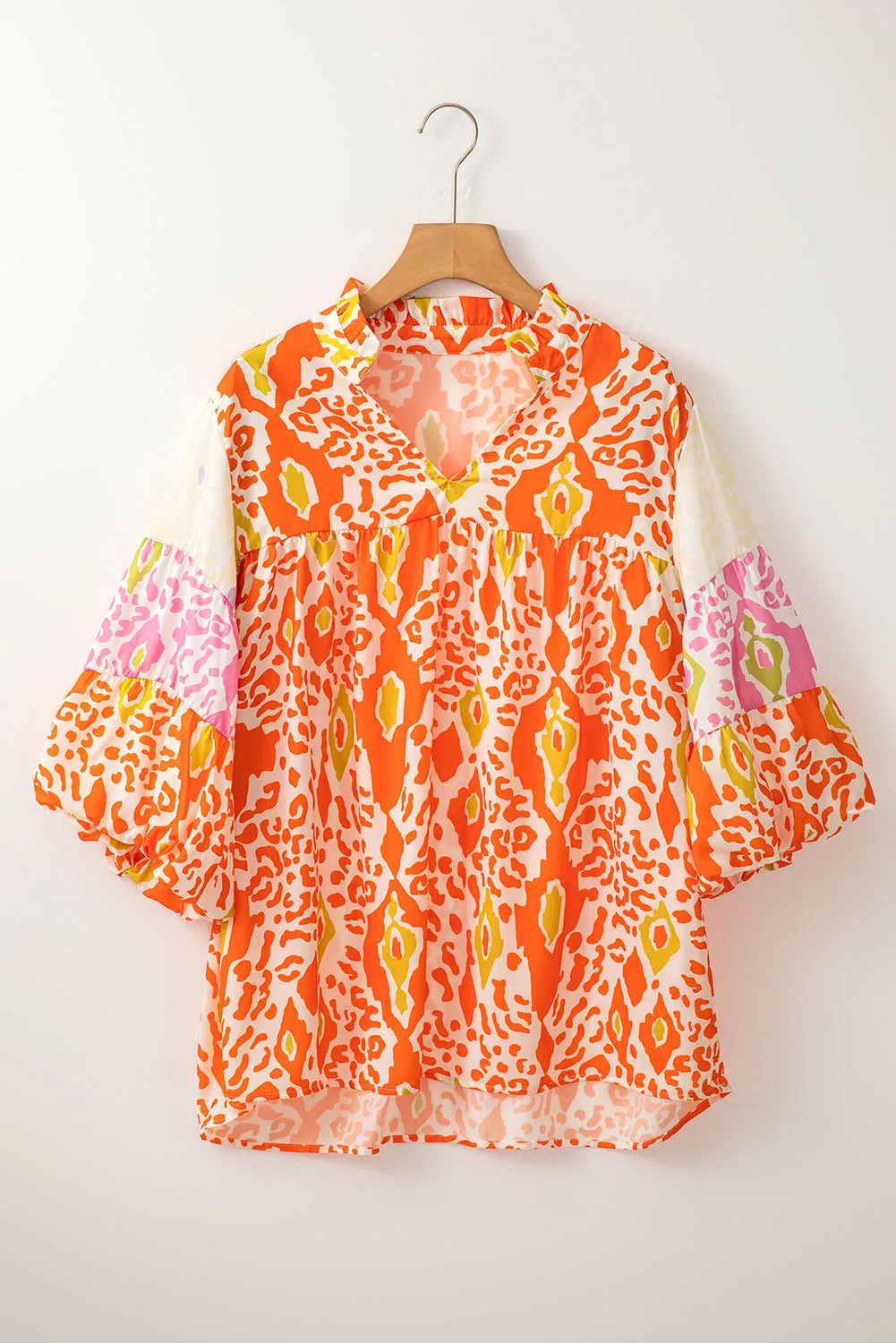 Orange Puff Sleeve Split Neck Blouse