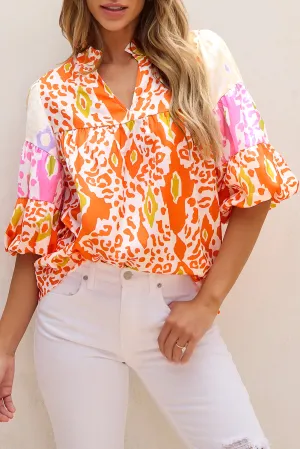 Orange Puff Sleeve Split Neck Blouse
