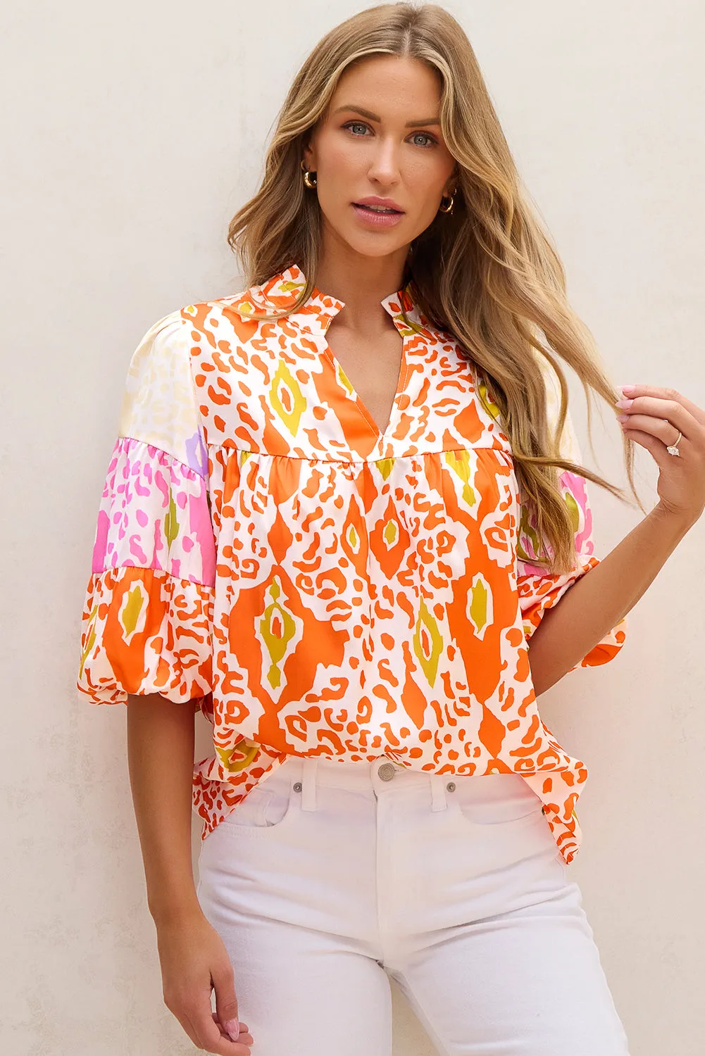 Orange Puff Sleeve Split Neck Blouse