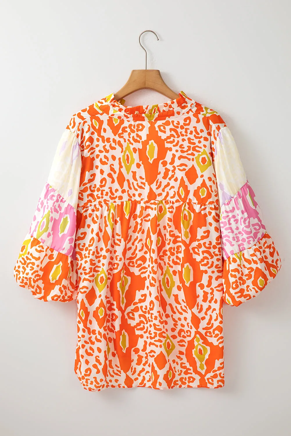 Orange Puff Sleeve Split Neck Blouse