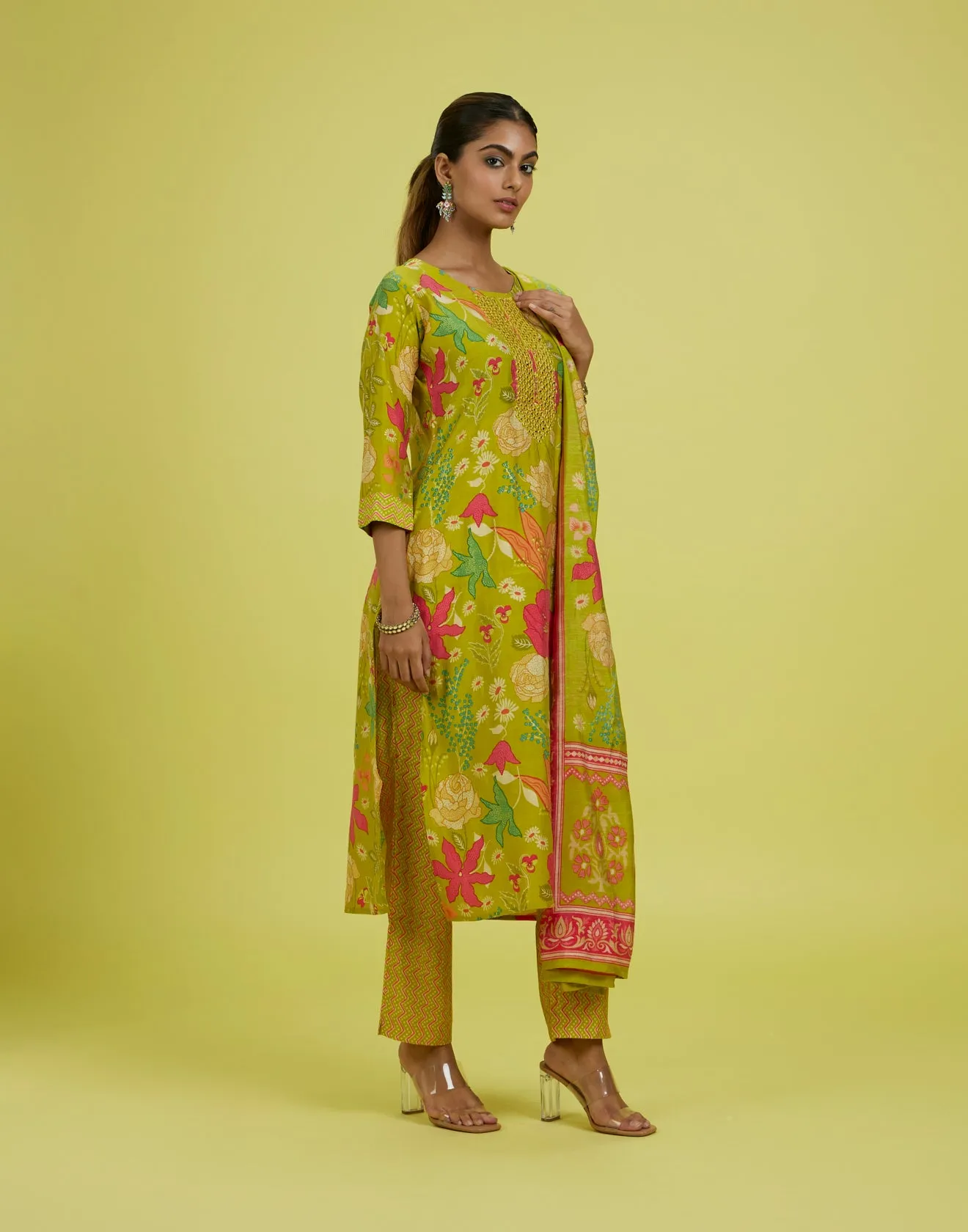Parakeet Yellow Floral Printed Kurta Set