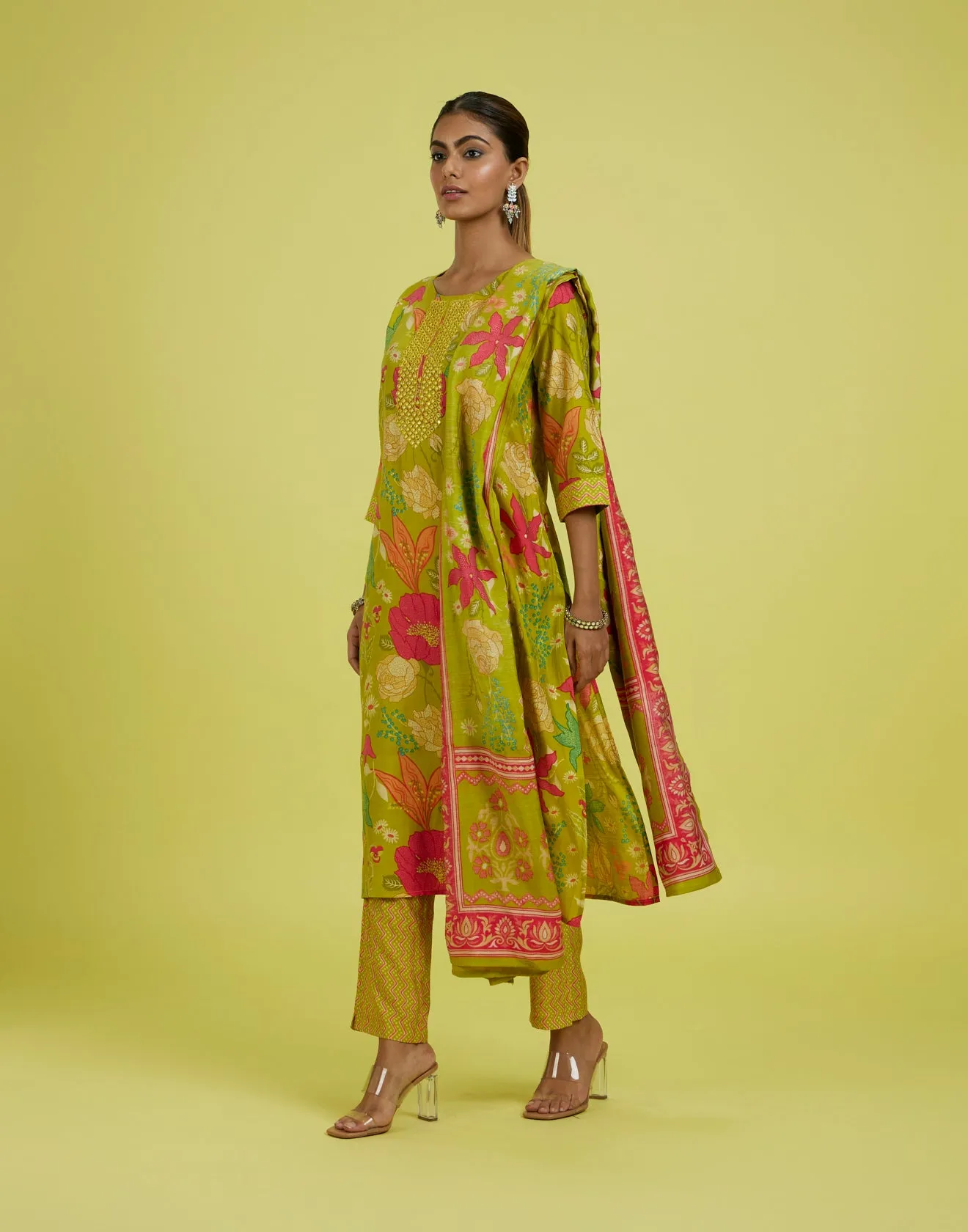Parakeet Yellow Floral Printed Kurta Set