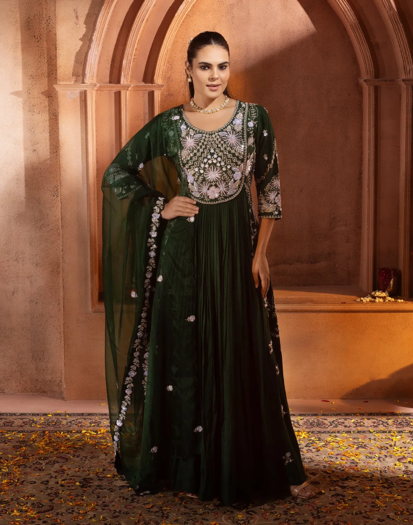 Phthalo Green Festive Embroidered Anarkali Set