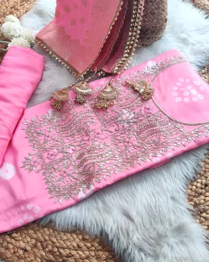 PINK BANDHANI EMBROIDERED UNSTITCHED SUIT - SET OF 3