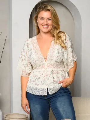 PLUS SIZE 3/4 SLEEVE V-NECK LACE TRIM FLORAL TOP