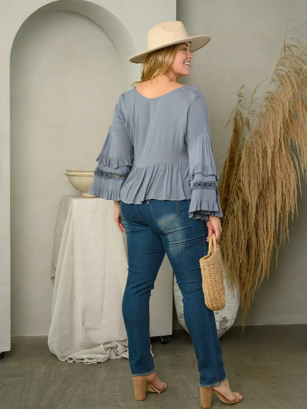 PLUS SIZE BELL SLEEVE CROCHET DETAIL RUFFLE TOP