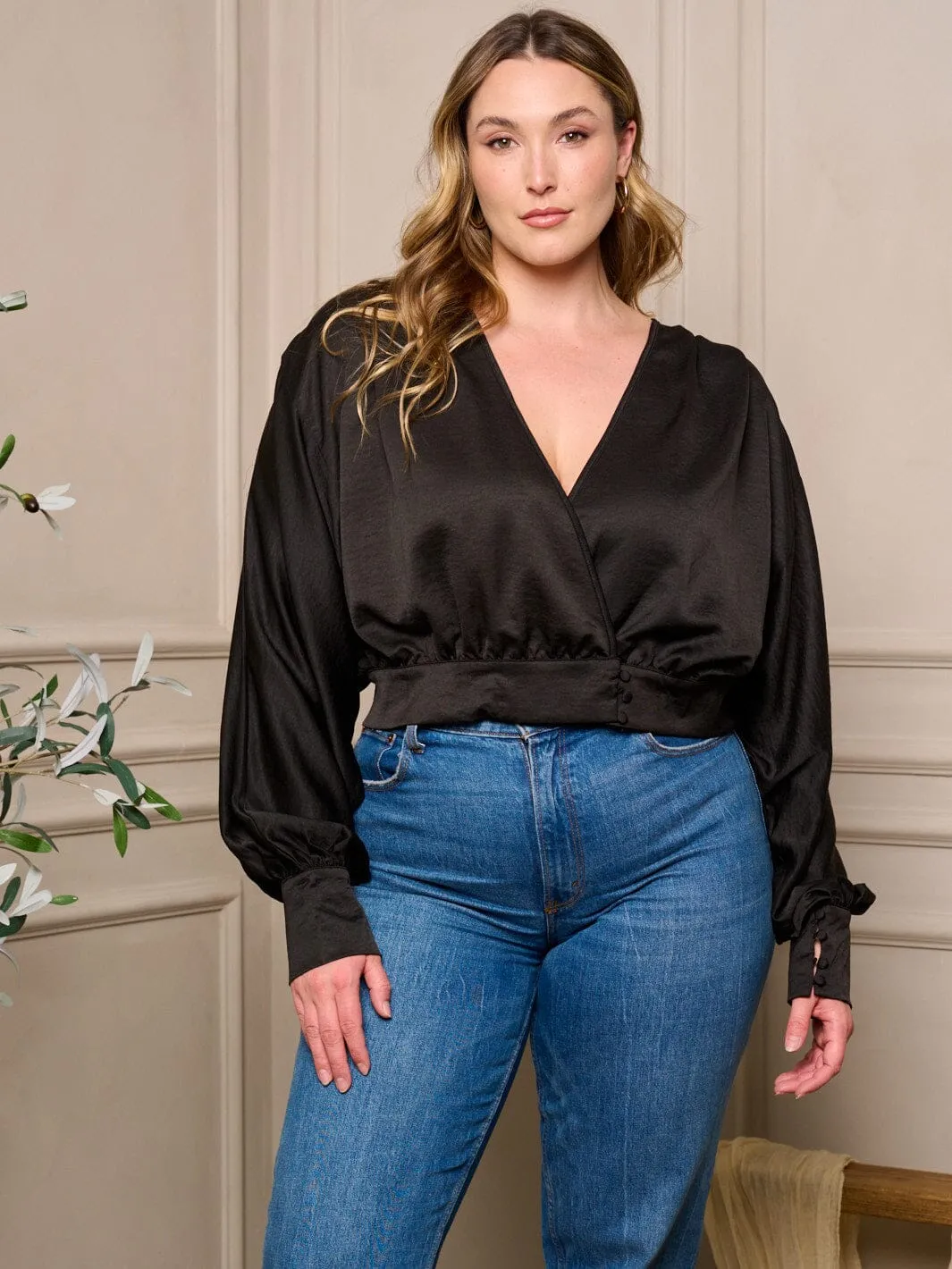 PLUS SIZE LONG SLEEVE SURPLICE BLOUSE TOP