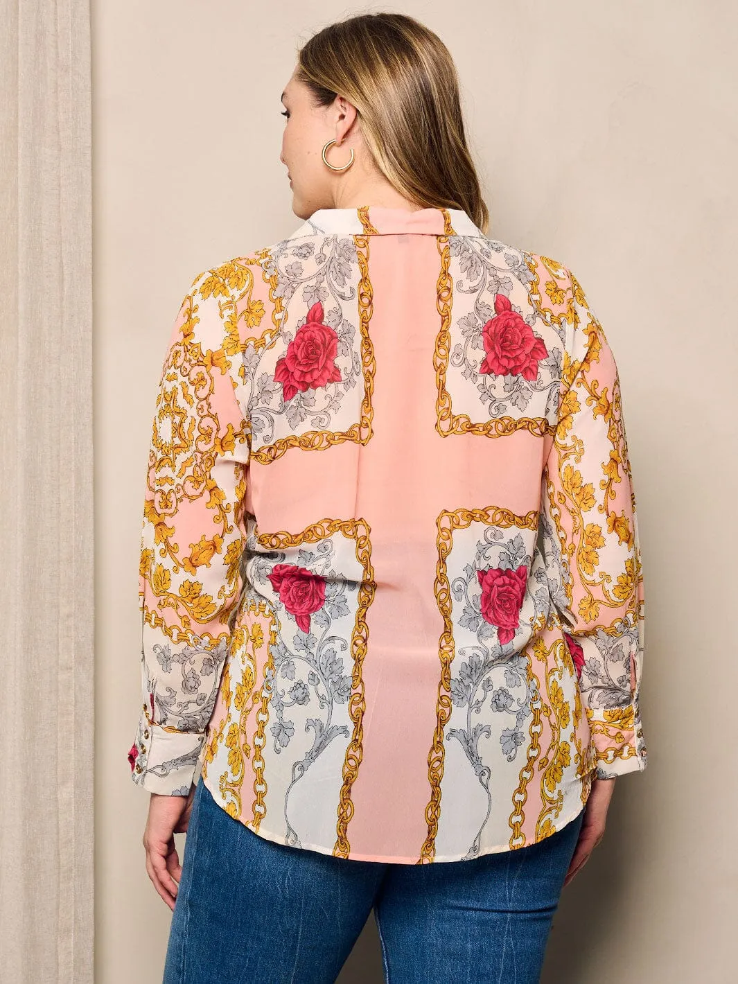 PLUS SIZE LONG SLEEVE V-NECK MULTI PRINT WRAP BLOUSE TOP
