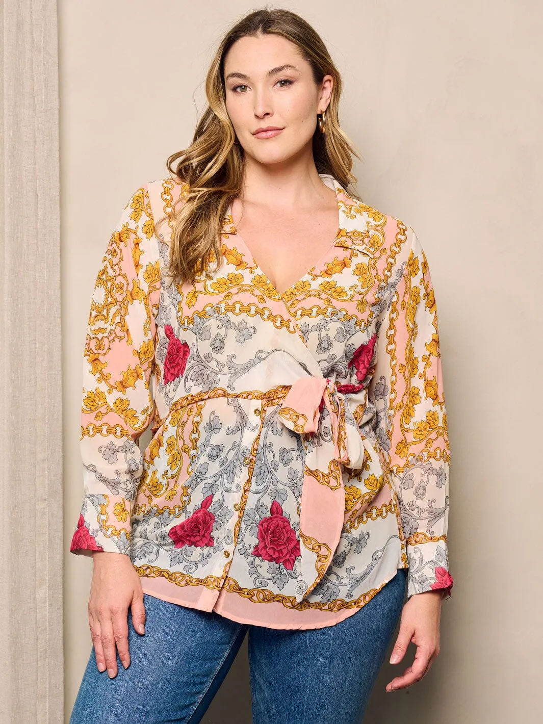 PLUS SIZE LONG SLEEVE V-NECK MULTI PRINT WRAP BLOUSE TOP