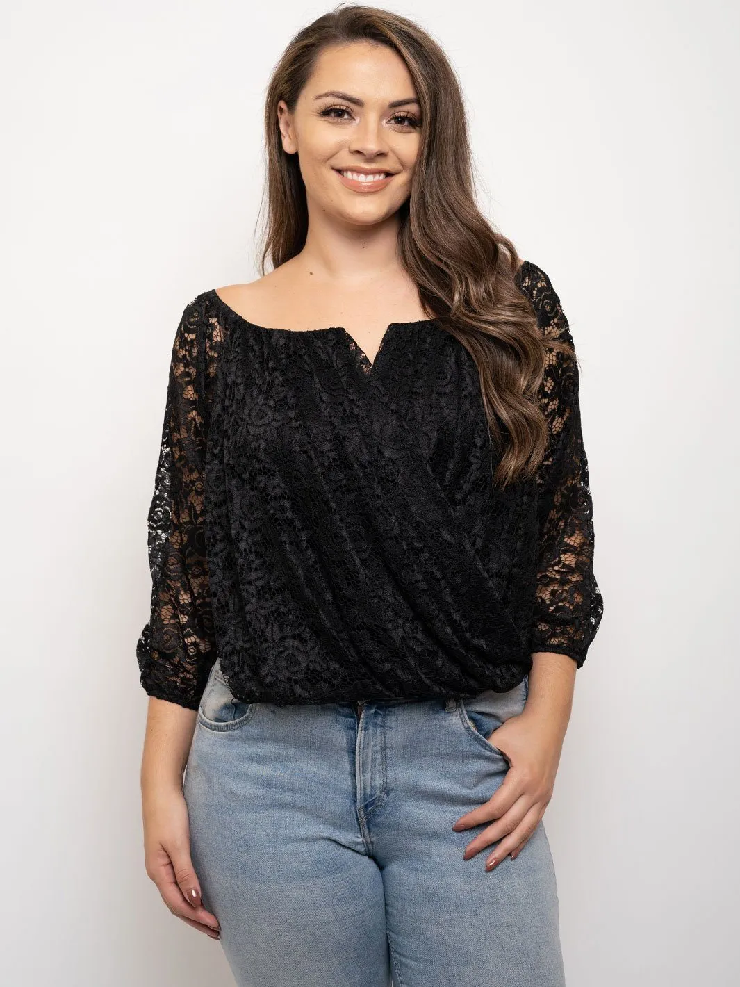 PLUS SIZE OFF SHOULDER LACE V-NECK TOP