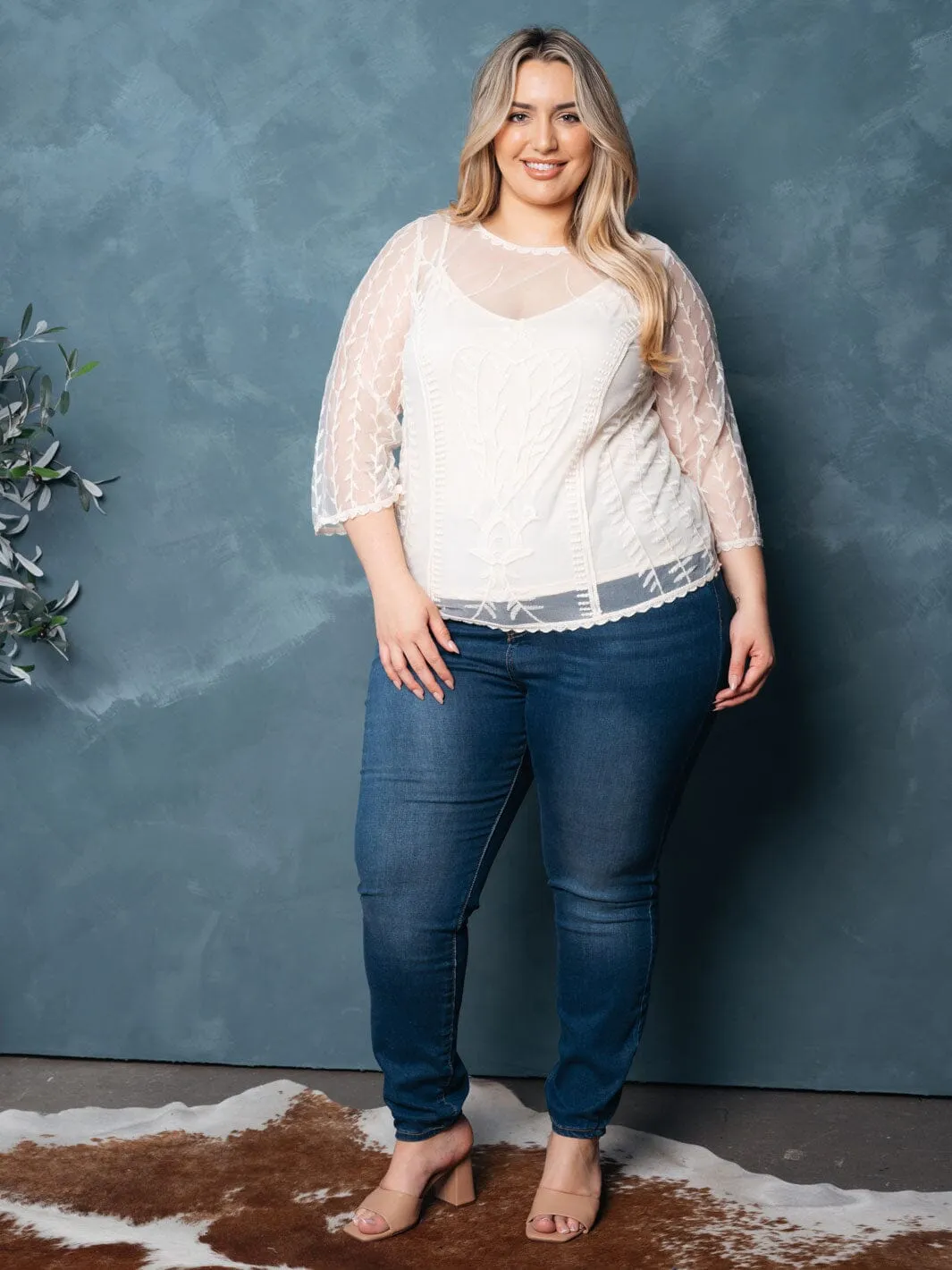 PLUS SIZE RUFFLE 3/4 SLEEVES LACE TOP